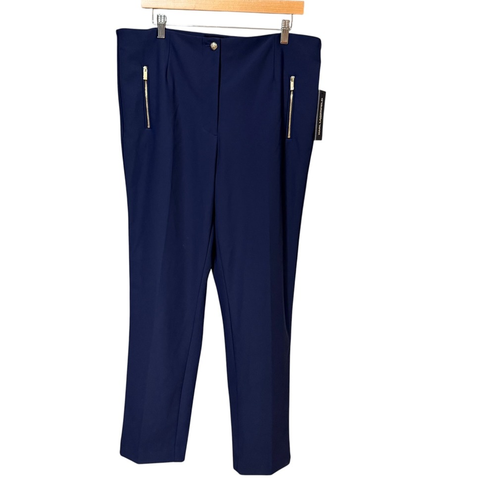 Karl Lagerfeld Paris Navy Blue Gold Zip Accent Straight Leg Dress Pants Size 16